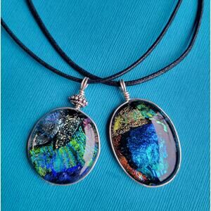 Two Sterling Wrapped Fused Dichroic Glass Pendant Necklaces Handmade Glass Gifts